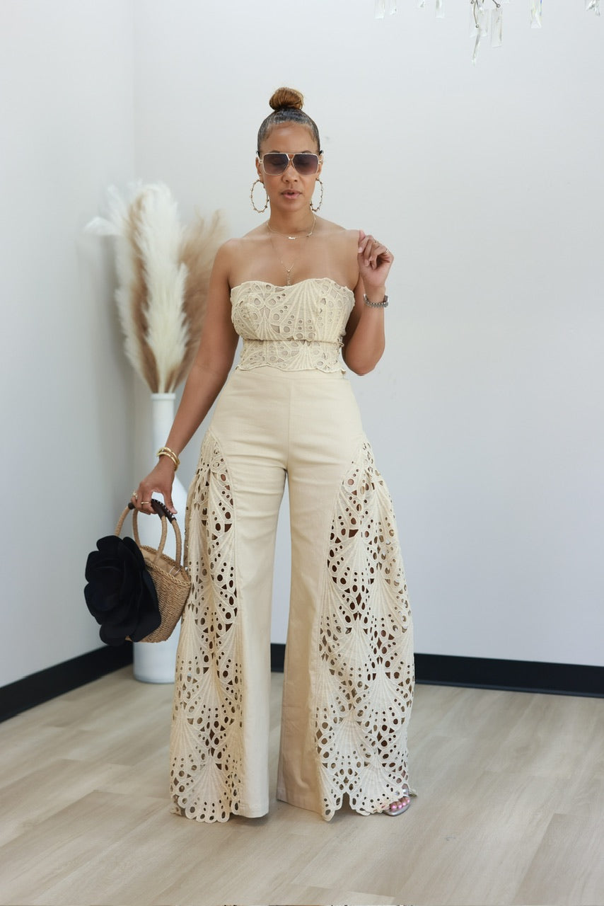 Bianca Eyelet Pant Set - Khaki