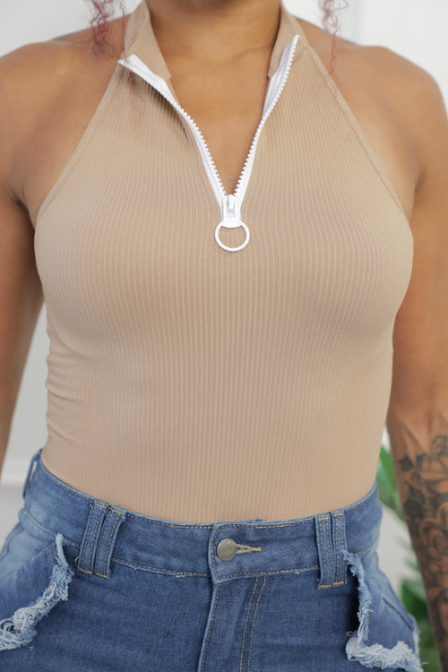 Zipped Halter Bodysuit- Nude (002)